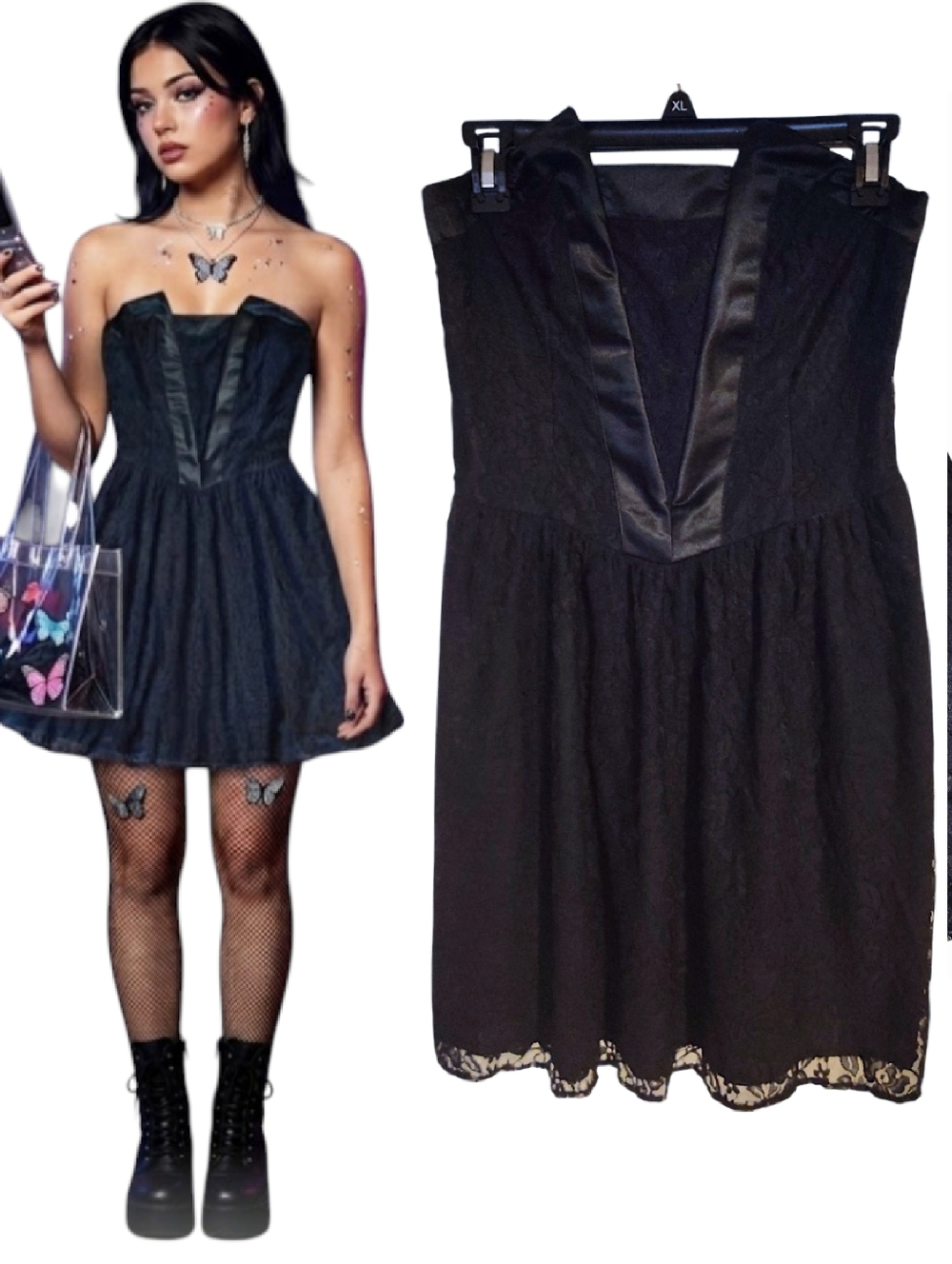 Y2K VTG Black Lace Strapless Corset Mini Dress Medium Fit & Flare Satin Trim